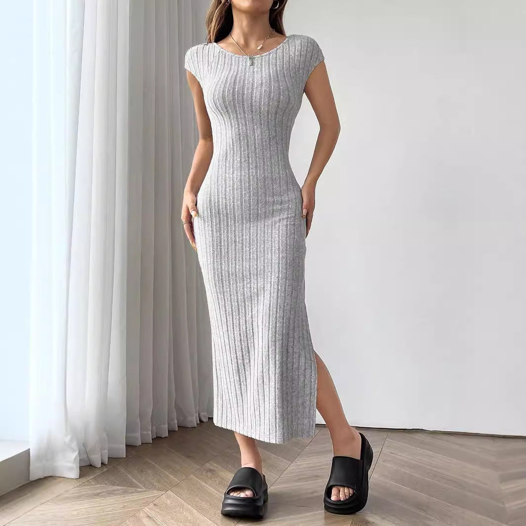 Women Clothing Summer round Neck Short Sleeve Backless Sexy Slit Dress Bella Mia